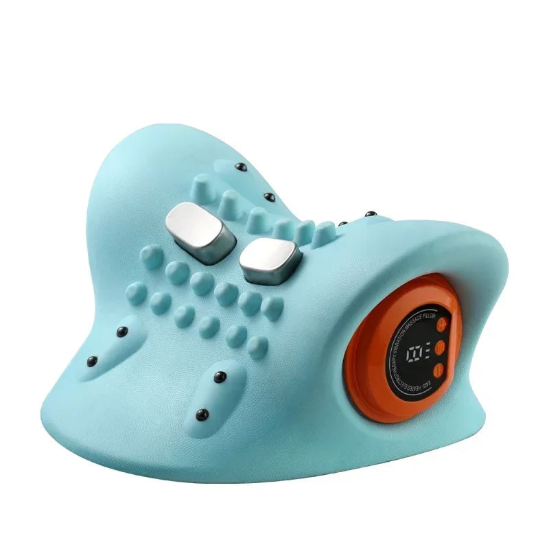 Zijaanzicht van de Prismo nek-therapie massager in gebruik
